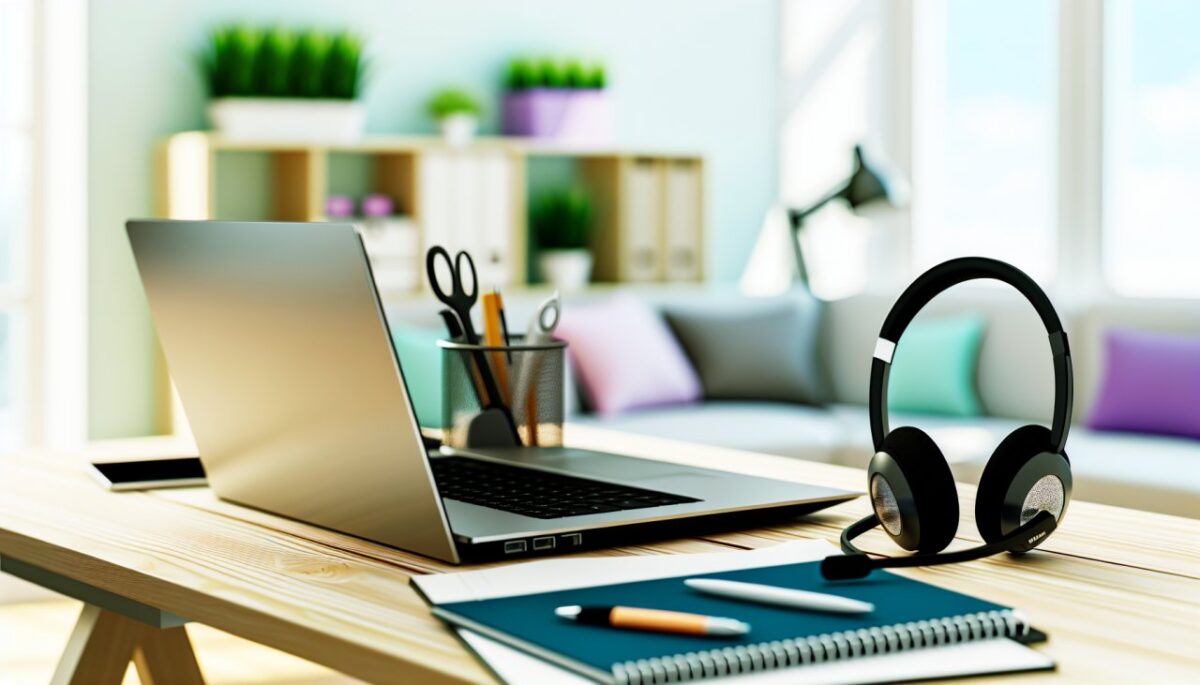 Un bureau à domicile bien organisé avec un ordinateur portable, un casque, un bloc-notes et d'autres outils de productivité.
