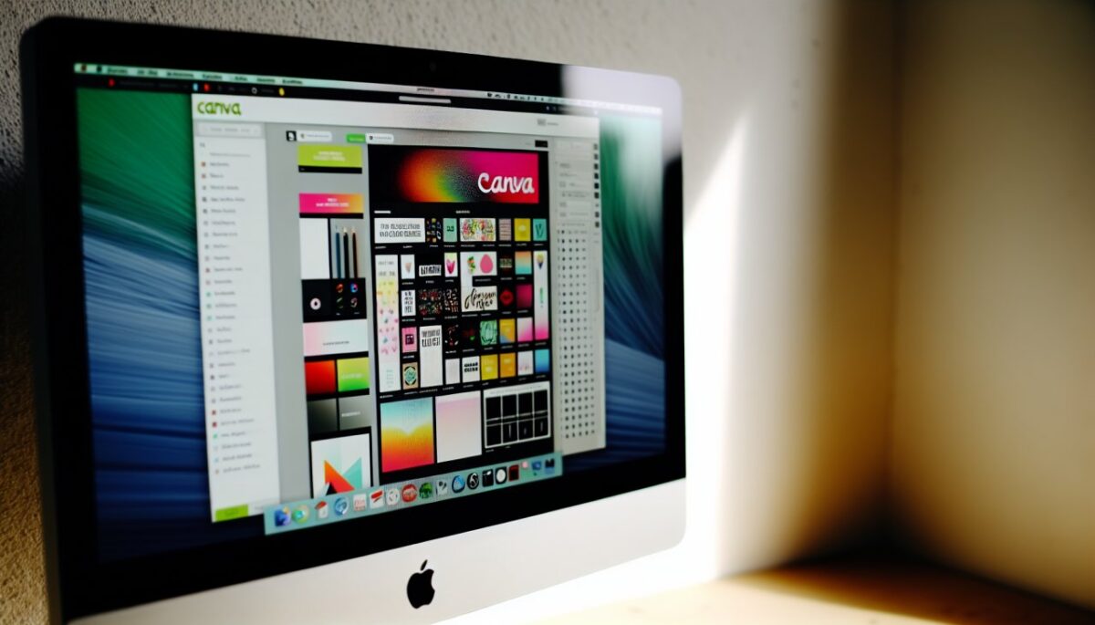 Un écran d'ordinateur avec l'interface de Canva ouverte, montrant différents outils de création graphique.