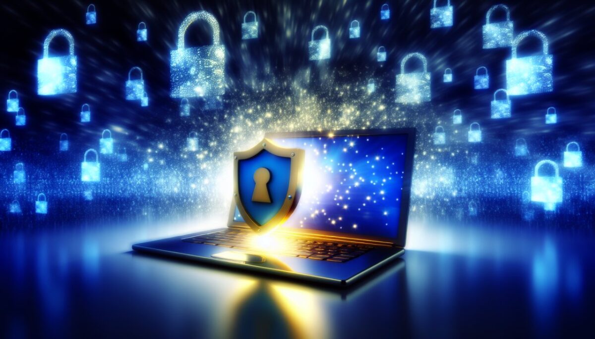 A laptop with a shield icon on the screen, symbolizing VPN protection, and a padlock icon in the background, indicating potential security risks.